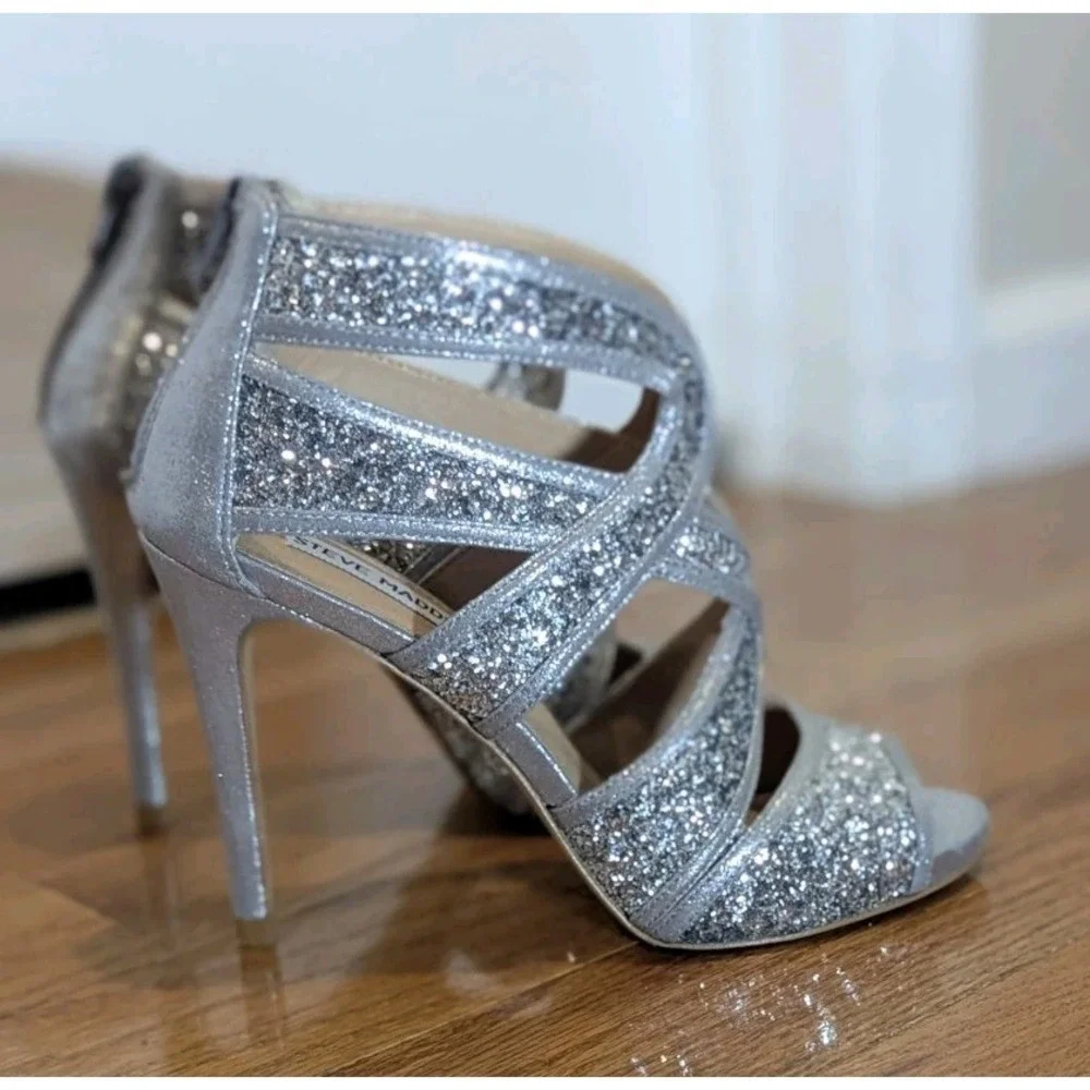 Y2K Glam Steve Madden Immence Silver Glitter Caged Stiletto Heels 7